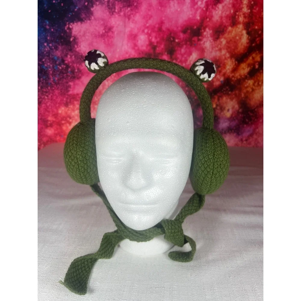Green Crochet Frog Earmuffs Knit Animal Ear Warmers with Ties One Size OSFM